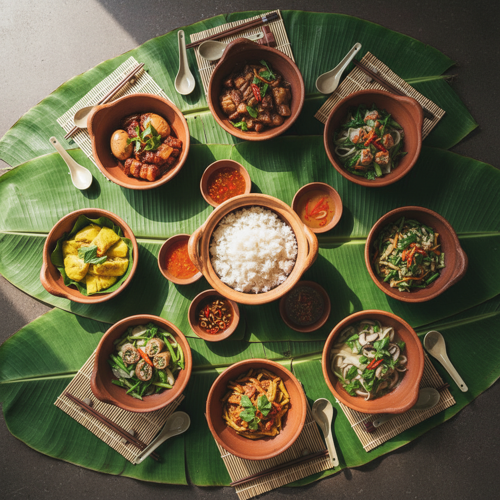 Overhead view of a mâm spread for eight with distinct clay bowls on banana leaves