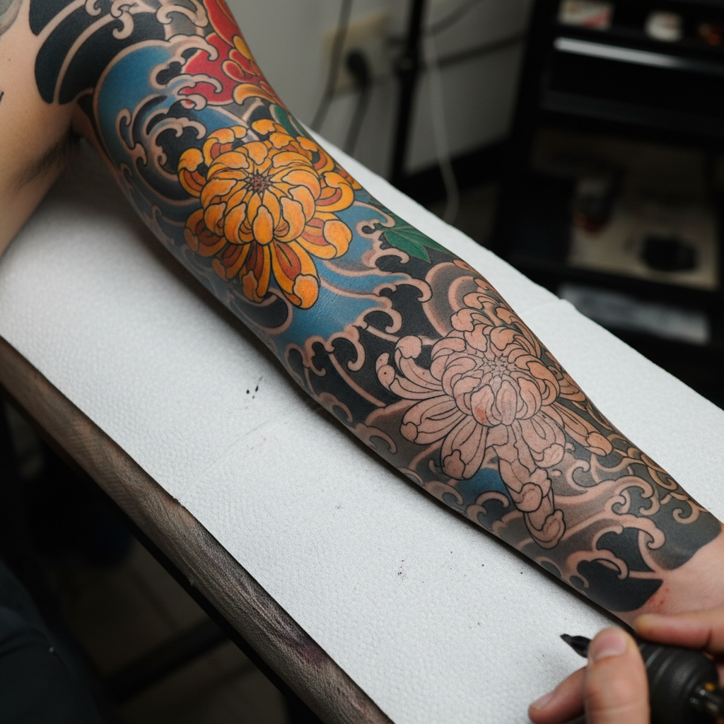 Traditional Japanese sleeve tattoo showing wave and chrysanthemum motifs in progress