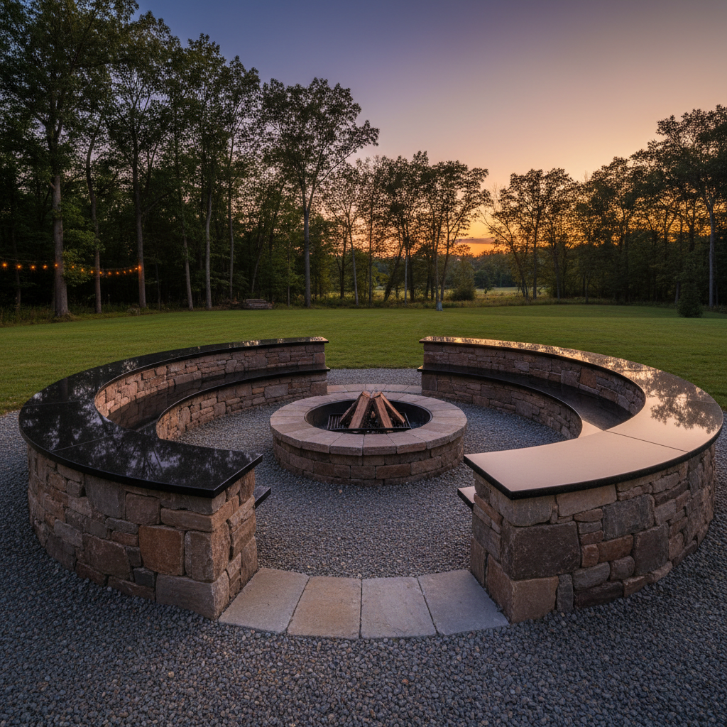 Stone fire pit surround with built-in seat walls and granite capstone at dusk