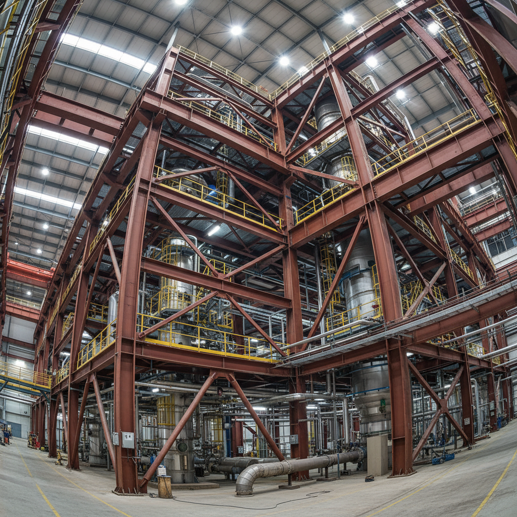 Large structural steel framework fabricated for industrial building construction project