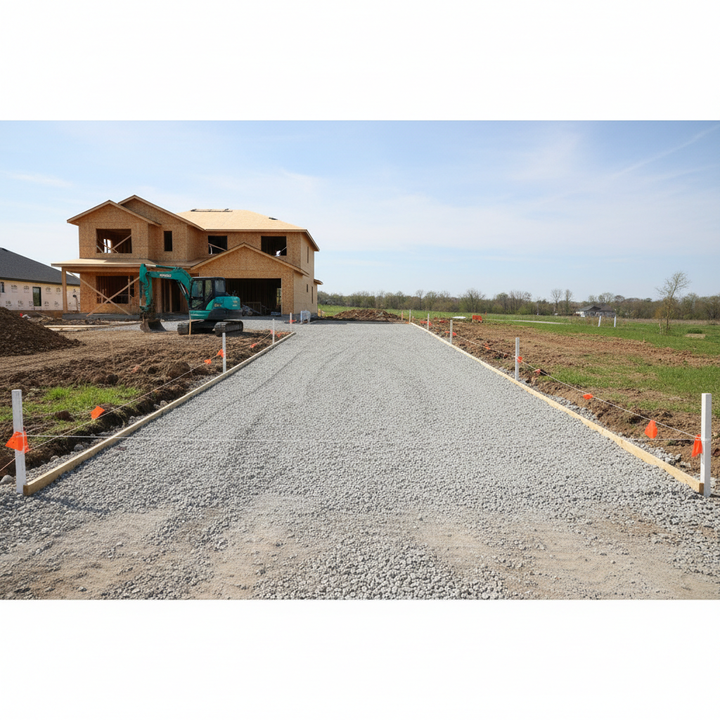 Excavation revealing layers of subgrade and aggregate base being compacted with a plate compactor