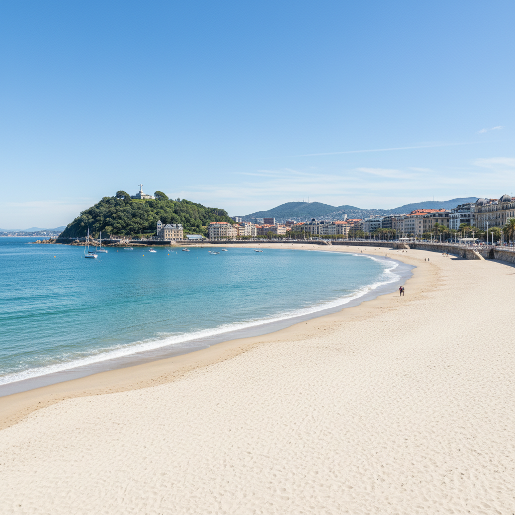 Playa de la Concha en San Sebastián con aguas turquesas, arena blanca, ciudad al fondo y monte Urgull