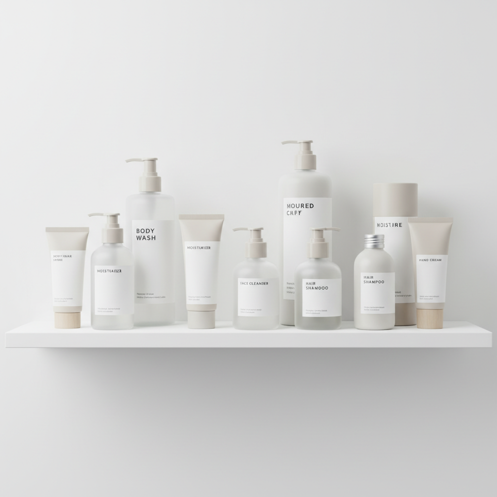 Elegant minimal product packaging on white surface, bright studio lighting, clean airy environment