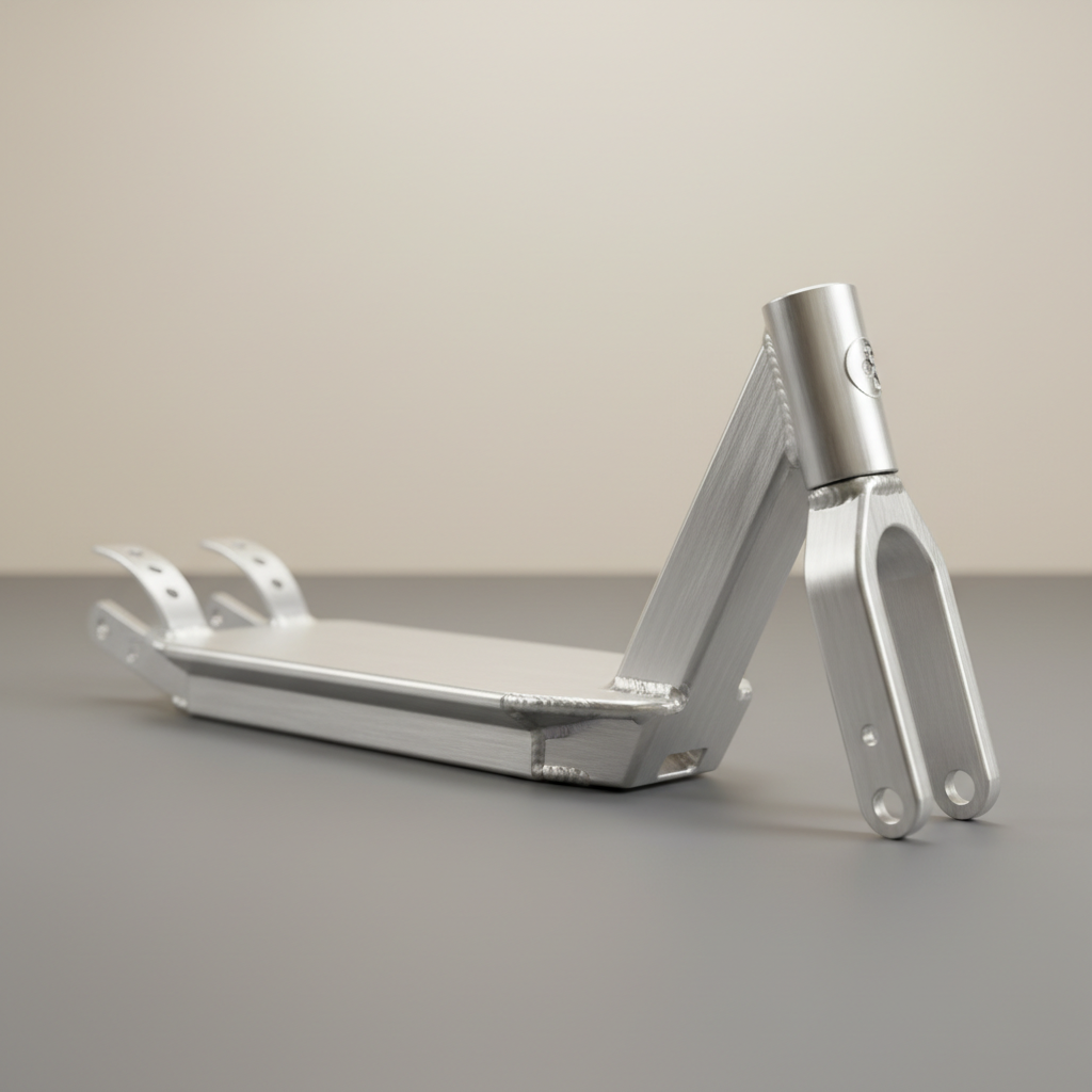 Detailed photograph of aerospace aluminum scooter frame with brushed metal texture and precision welds