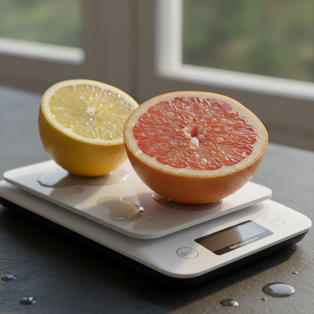 Halved lemon and grapefruit on a kitchen scale, citrus juice catching light on dark surface
