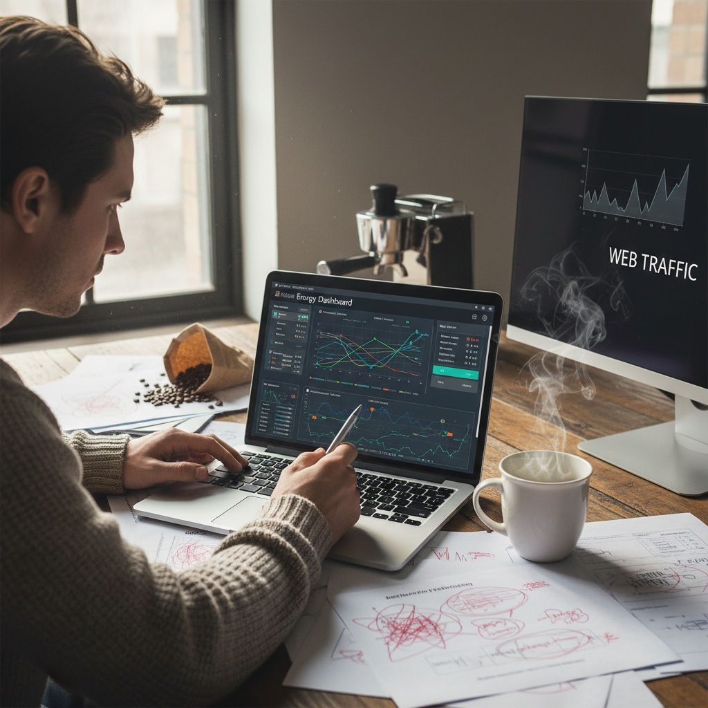 Content strategist desk with energy dashboard on laptop, printed drafts with red-pen edits, espresso, and analytics monitor showing traffic spike