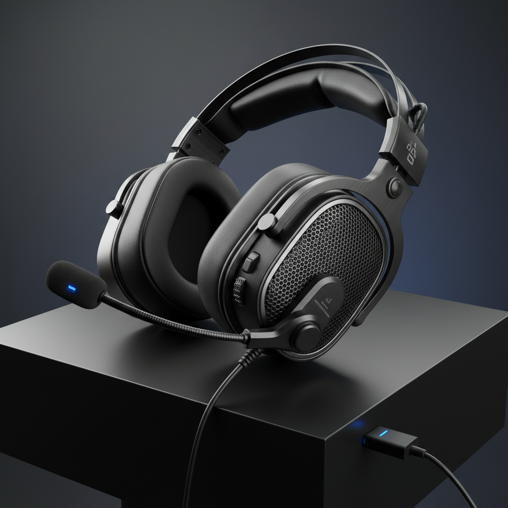 Headset gamer profissional com iluminação RGB em fundo escuro, acessório para jogos