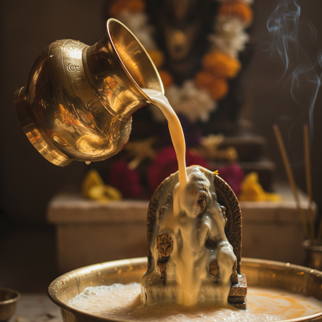 Brass abhisheka vessel with milk and saffron water being poured over idol