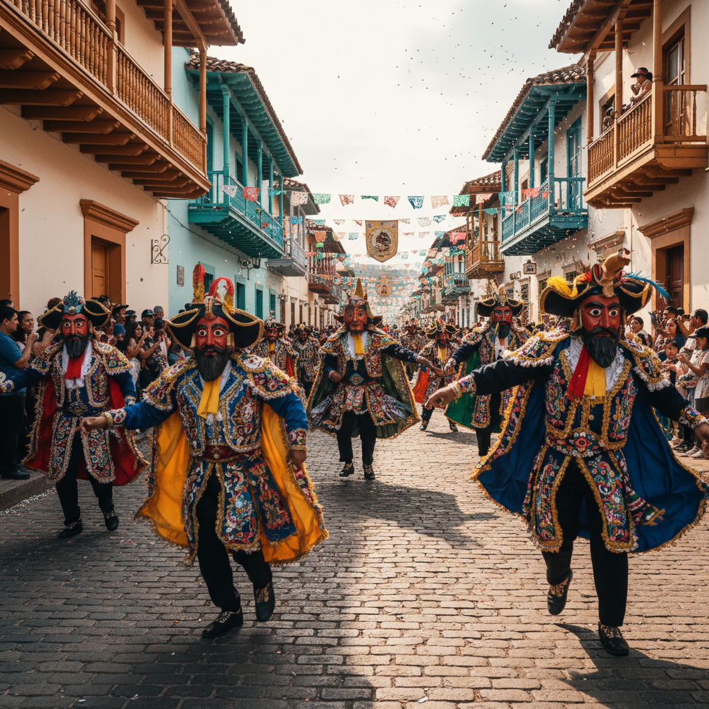 Desfile colorido del Carnaval de Cajamarca con danzantes en trajes tradicionales y confeti en las calles coloniales