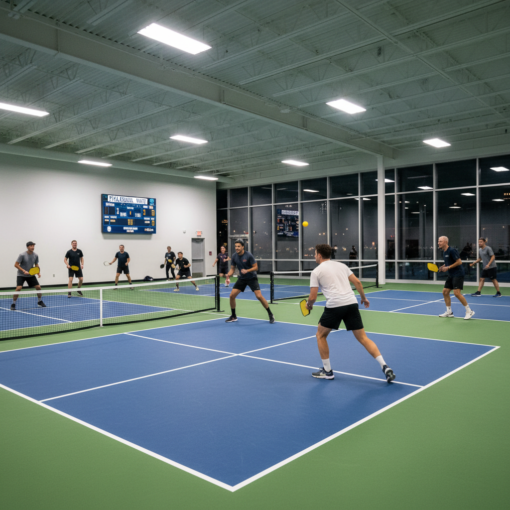 Evening drop-in pickleball session with casual players on lit indoor courts