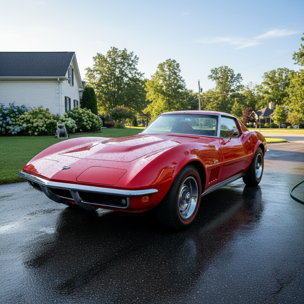 Gleaming red vintage Chevrolet Corvette freshly washed at Suds, chrome shining
