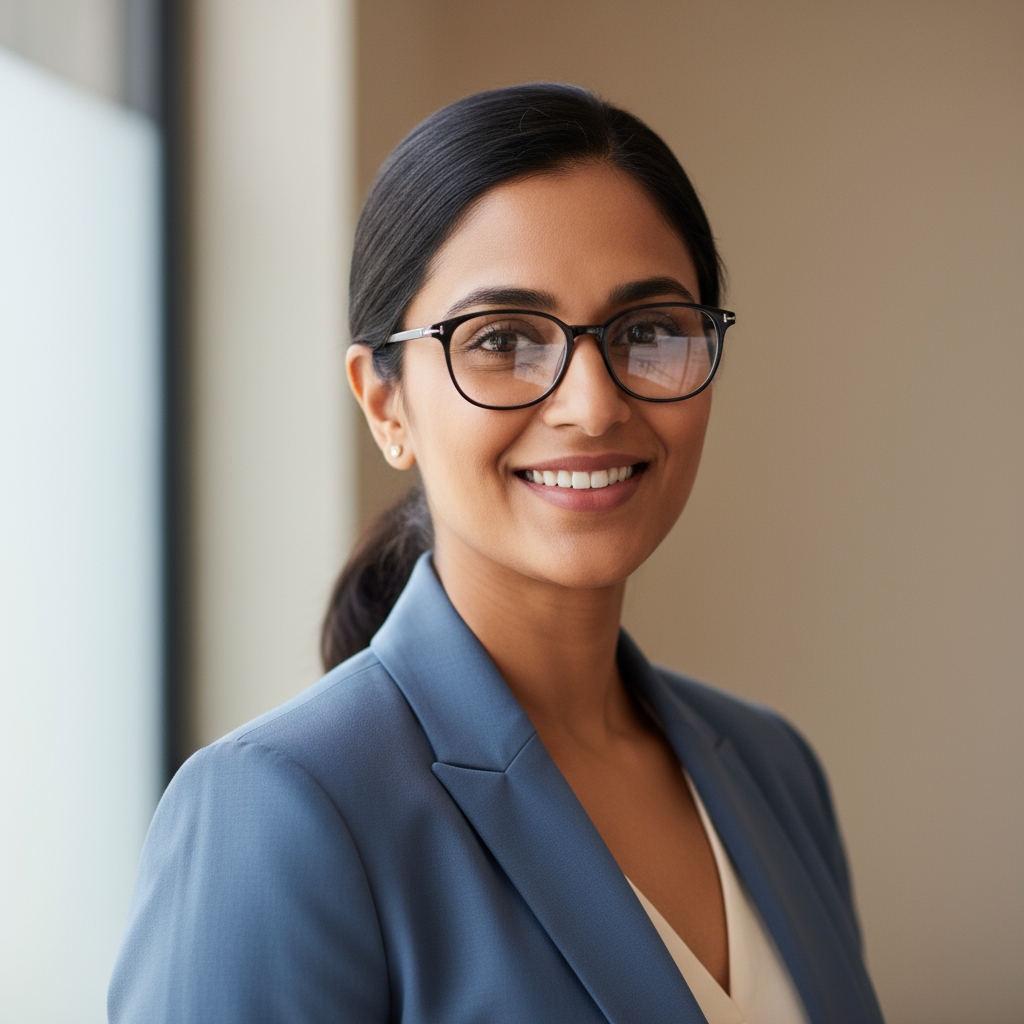 Priya Nair, architect with elegant appearance and warm smile