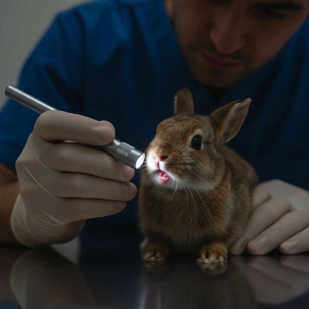 Veterinarian examining a small animal with a penlight in a dimly lit clinic room