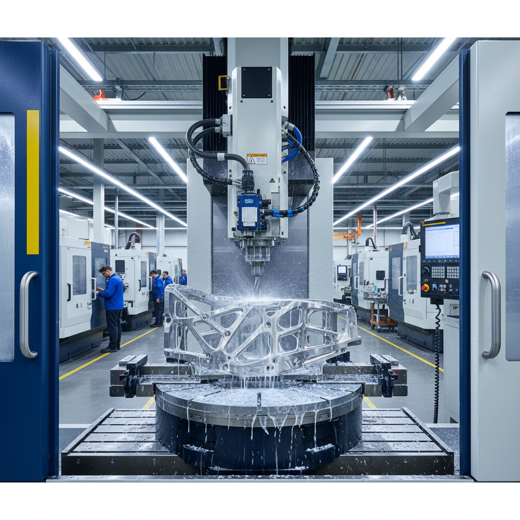Close-up of a high-precision 5-axis CNC machining center cutting a complex metal component for aerospace applications