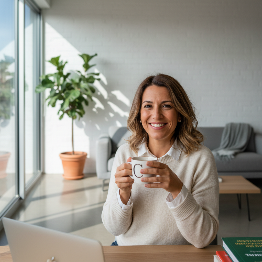 Young woman smiling in a bright apartment