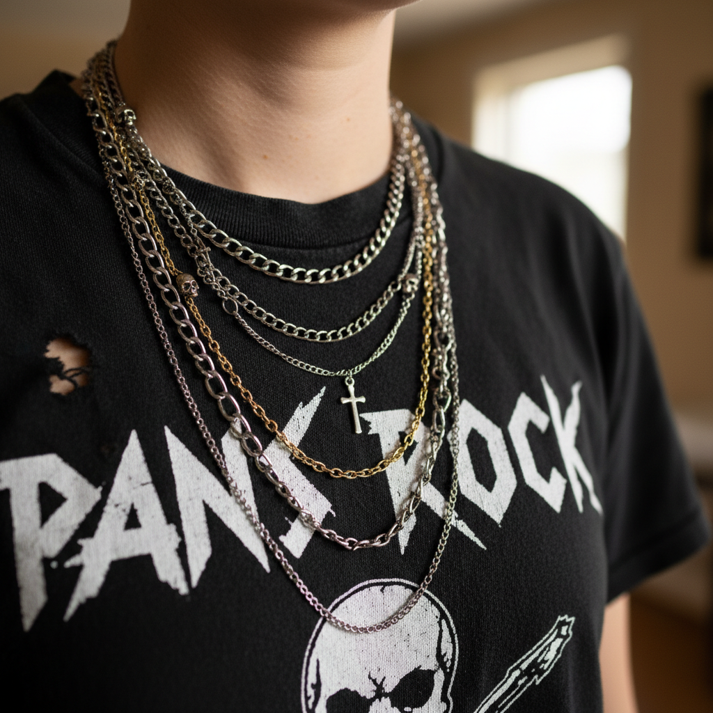 Layered chains on collarbone over band tee