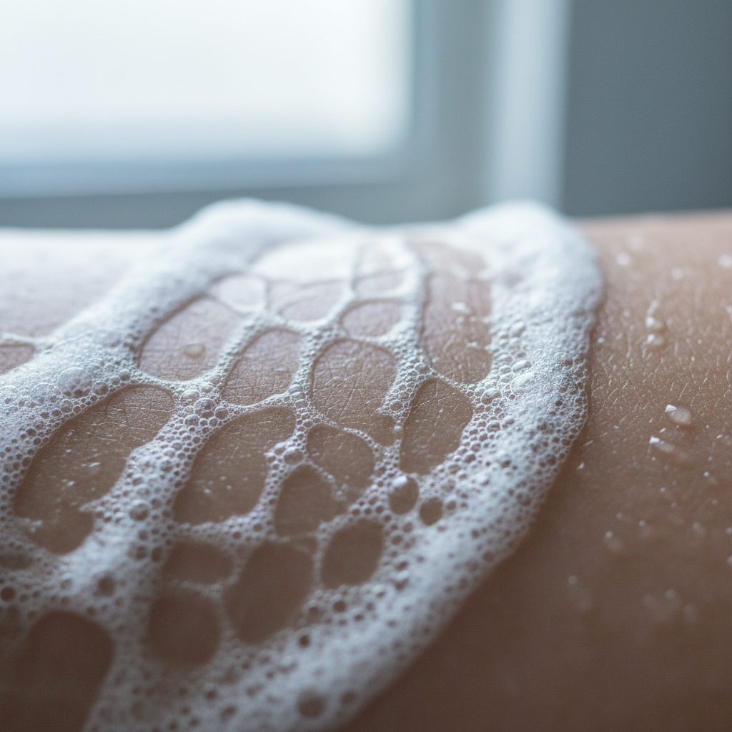 Macro photography of foam being displaced across skin surface in slow motion during sonic cleansing