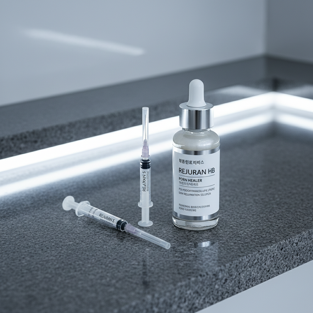 Medical syringe on dark clinical surface, sterile environment, minimal dramatic lighting, deep shadows
