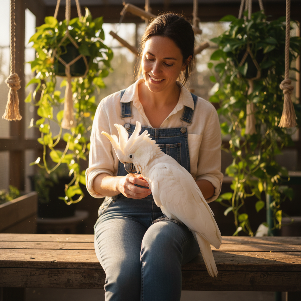Volunteer sitting cross-legged on wooden bench with rescued umbrella cockatoo perched on her knee mid-preen, surrounded by hanging pothos and natural rope perches in golden-hour light