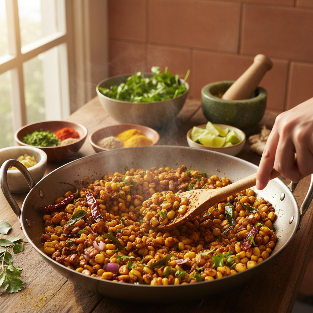 Warm home kitchen with a woman stirring a large pot of pickle masala surrounded by fresh mangoes and spices in bright natural light