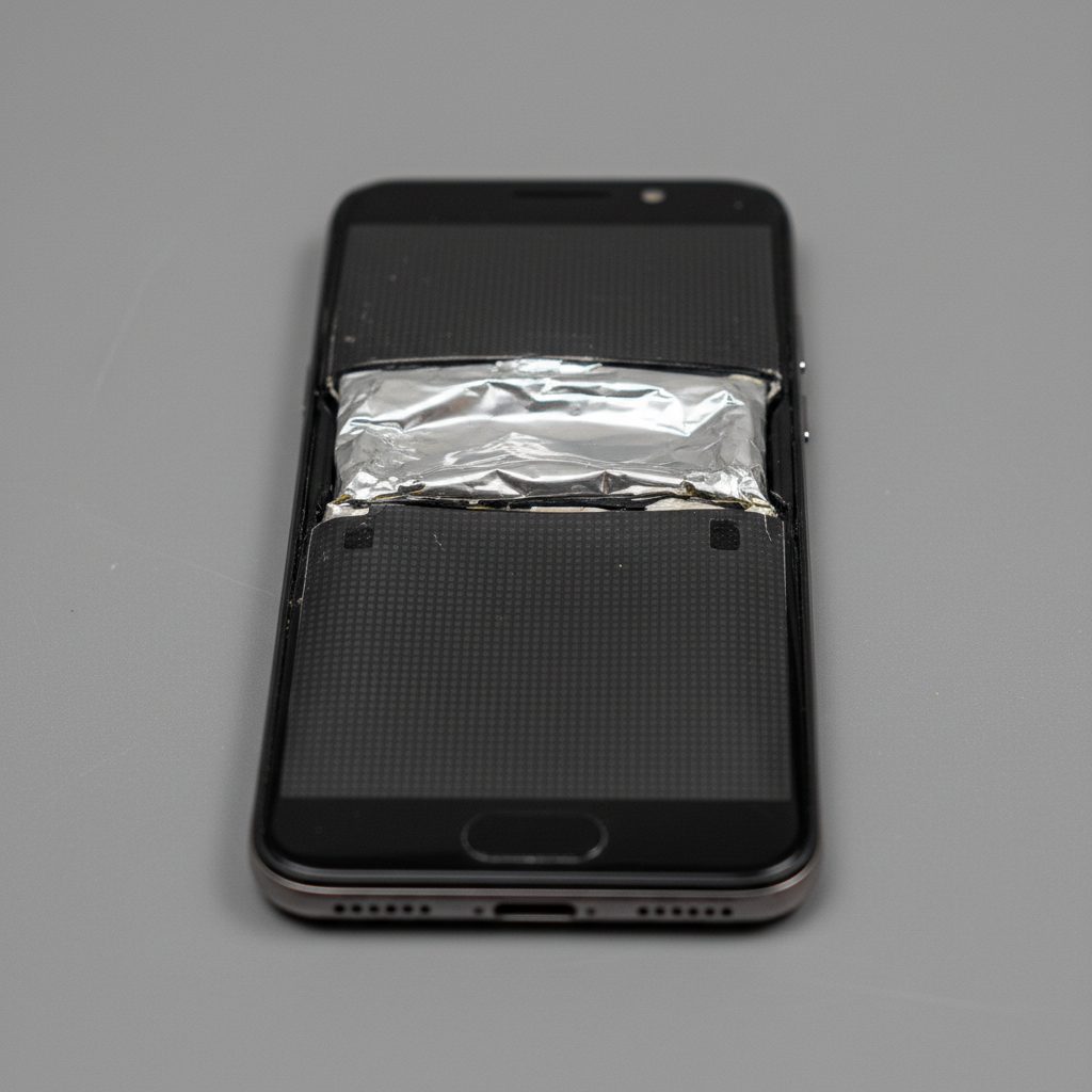 Smartphone battery replacement with new battery next to old swollen battery