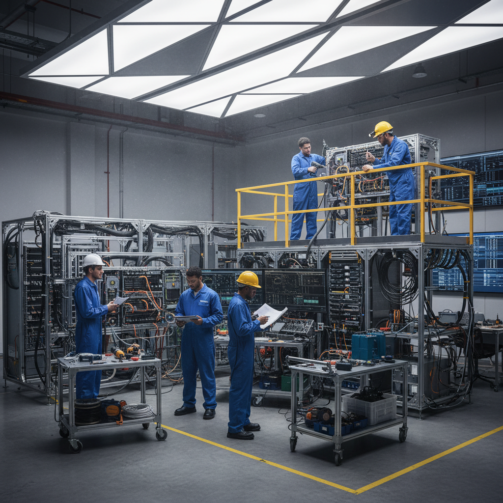 Technical engineer working on equipment in dark industrial setting with blue accent lighting