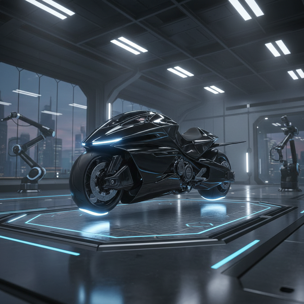 Futuristic electric motorcycle on dark asphalt with neon city lights reflection, dark background
