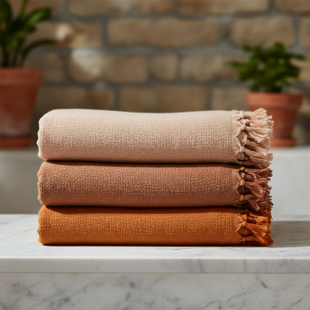 Premium hammam towels in deep jewel tones stacked on dark wood shelf