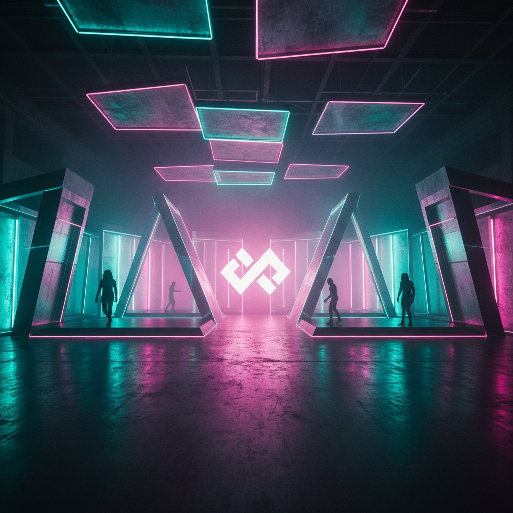 Neon-lit commercial set with vibrant pink and teal lighting casting dramatic shadows on geometric structures