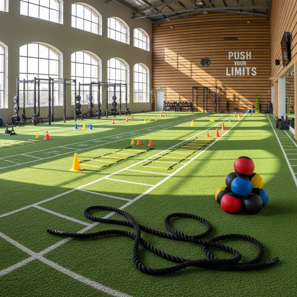 Functional training area with battle ropes, pull-up bars, and open floor space in a modern gym