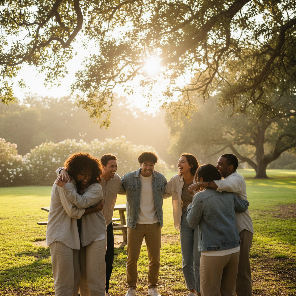 Group of people hugging and laughing outdoors in a sun-dappled park