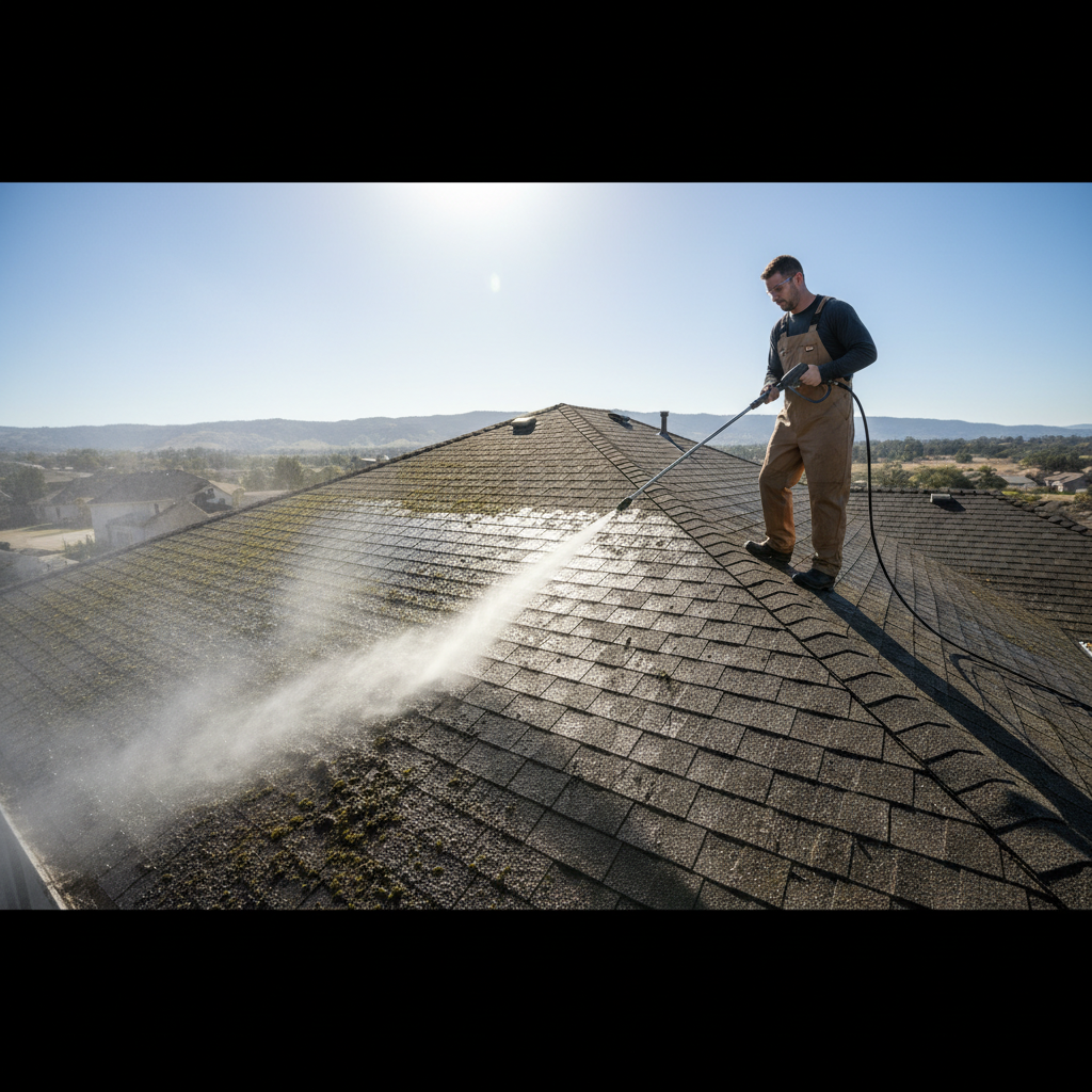 Professionnel nettoyant une toiture avec équipement haute pression
