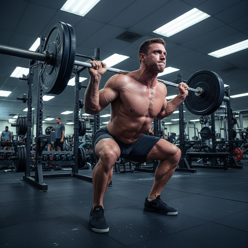 Athlete performing barbell back squat with perfect form in dimly lit iron gym, deep shadow background