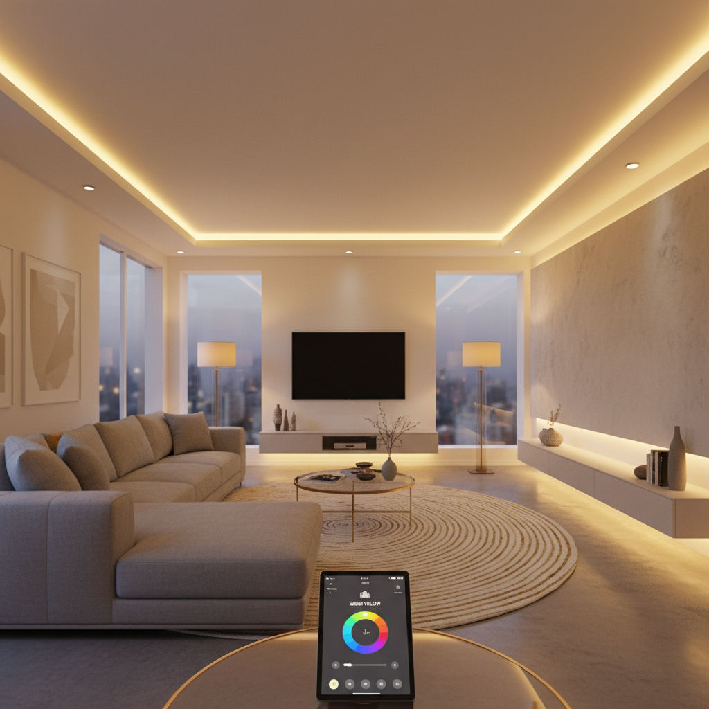 Luxury living room with subtle ambient lighting demonstrating premium smart home atmosphere