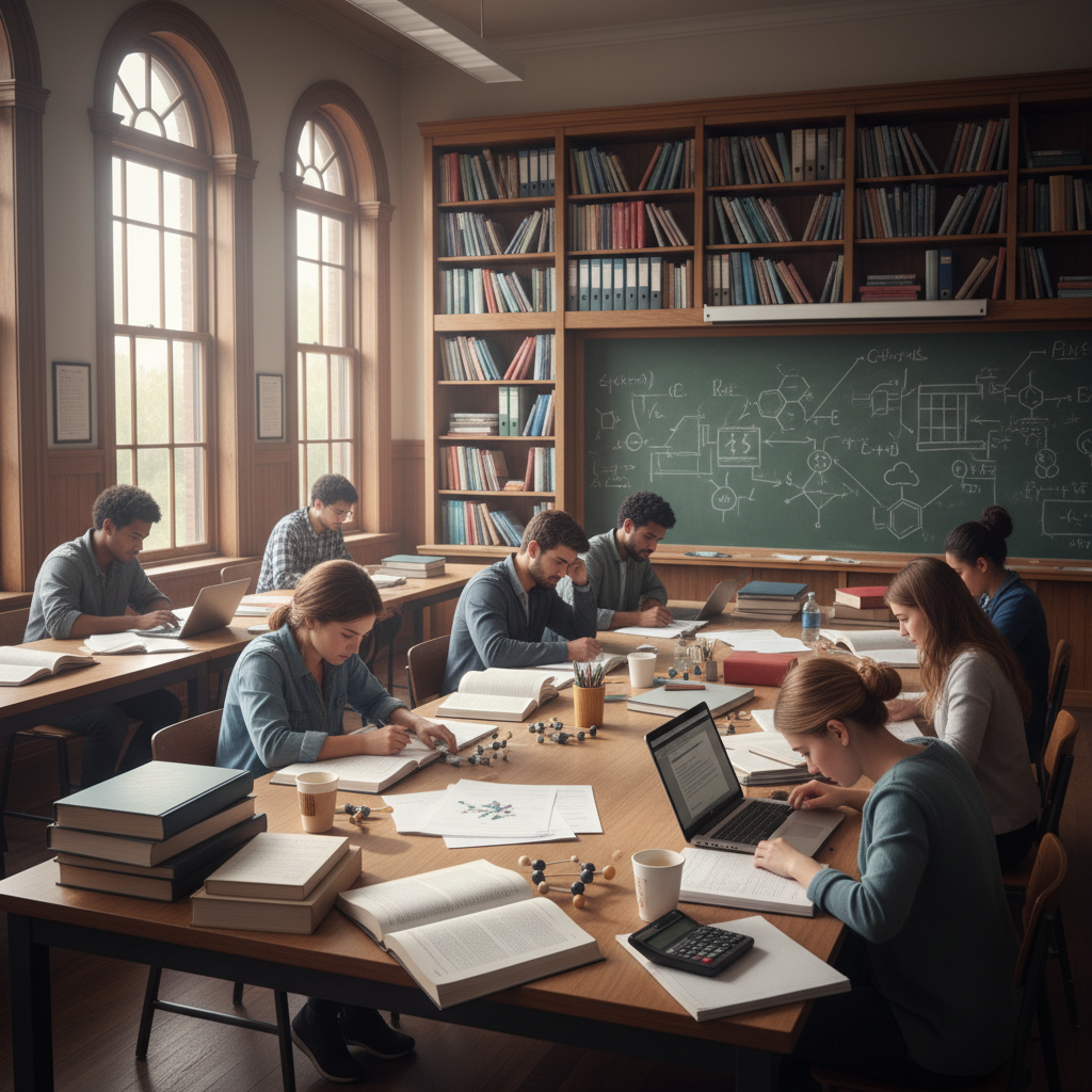 Open laptop with colorful educational diagrams on screen, bright airy classroom background