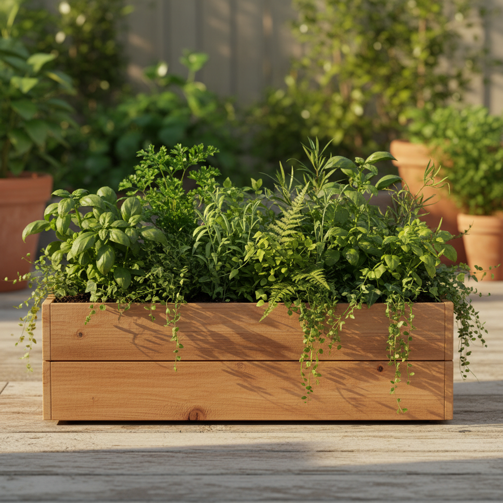 Large cedar wood planter box treated for outdoor weather resistance with plants on a patio