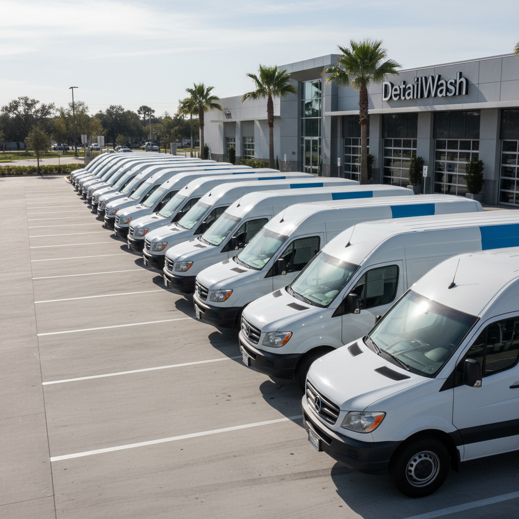 Multiple commercial trucks lined up for fleet cleaning