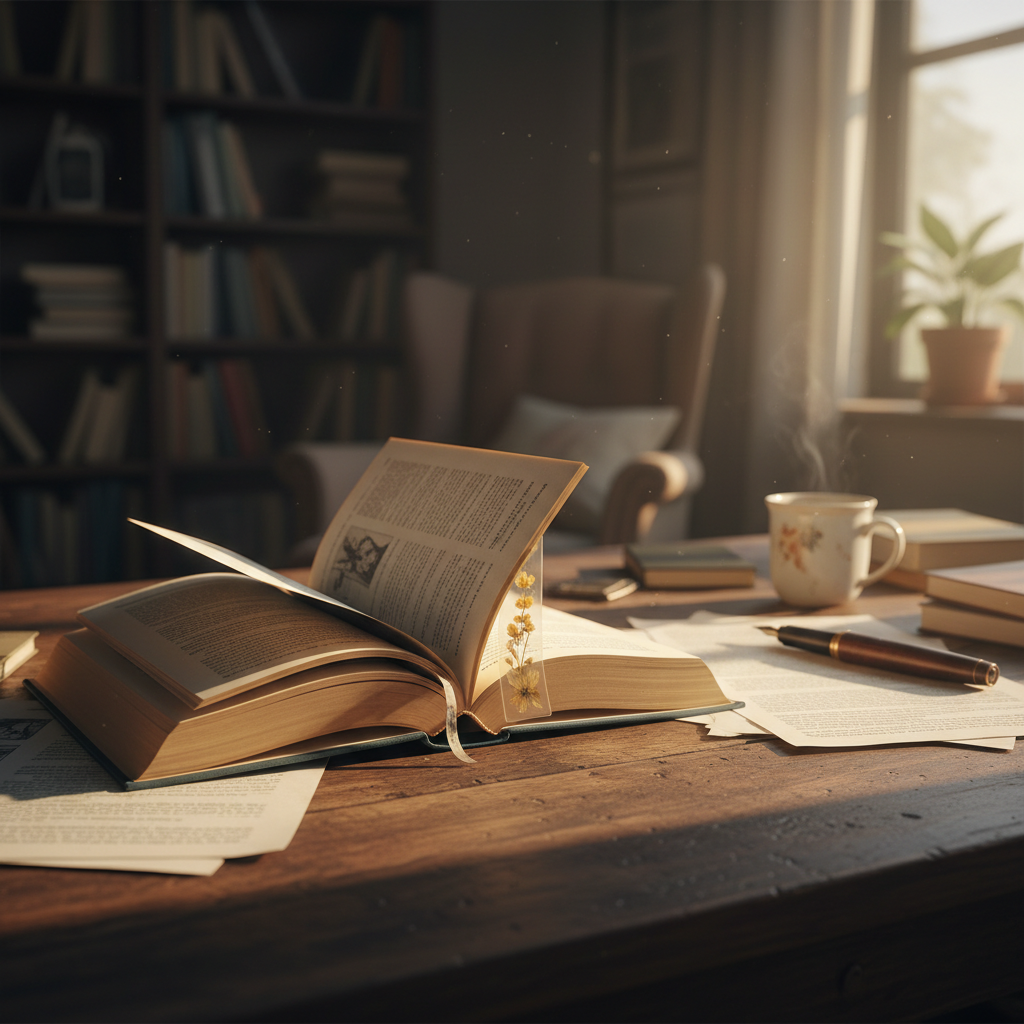 Open book on wooden desk in warm dim study lighting, dark shadows, atmospheric and contemplative environment
