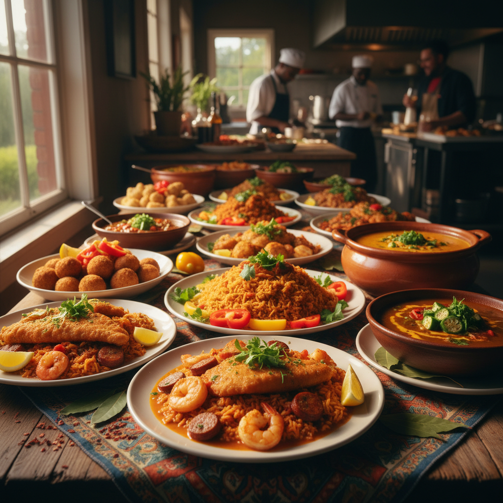 Rich Creole dishes with vibrant colors and Louisiana culinary heritage