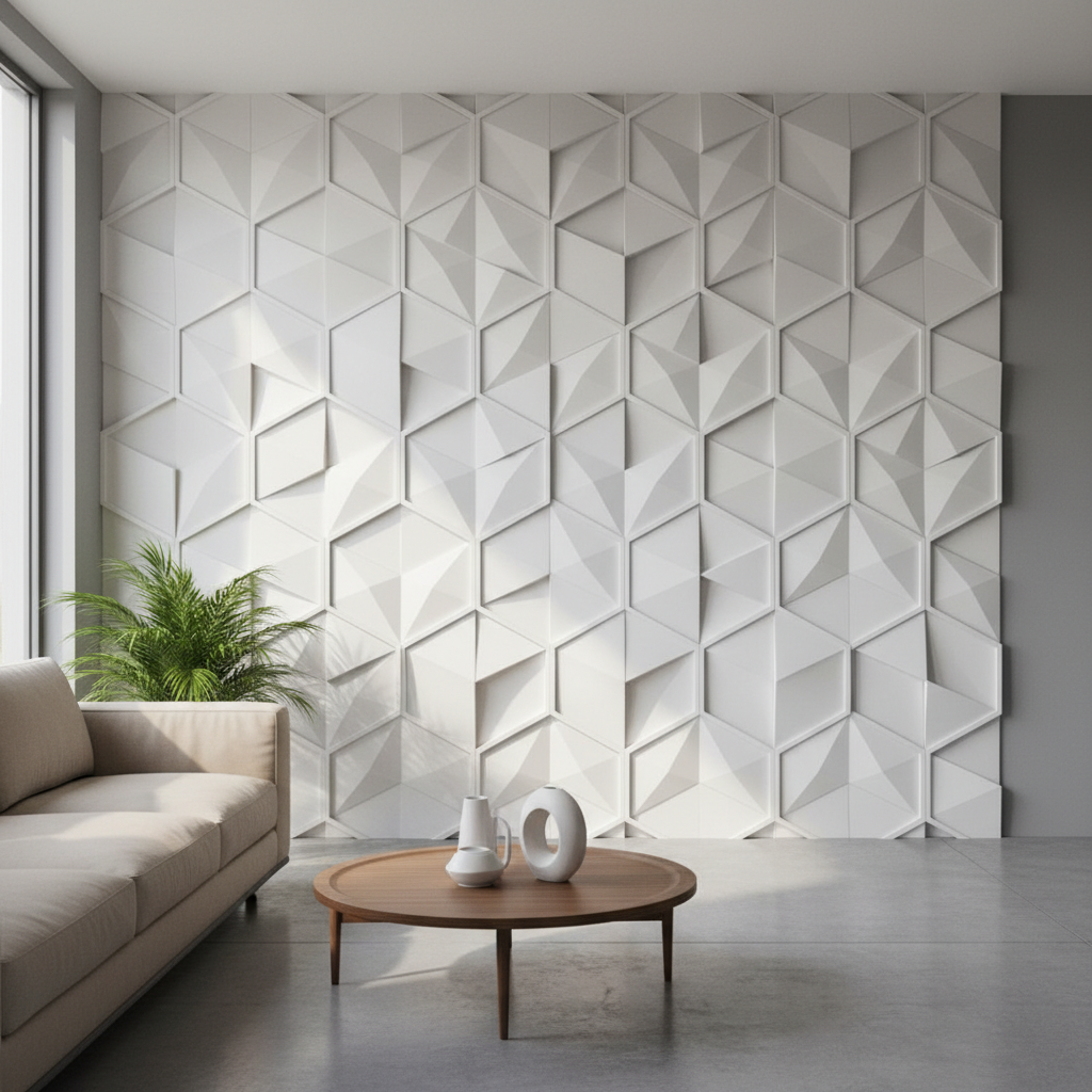 Feature wall painting with geometric design in living room