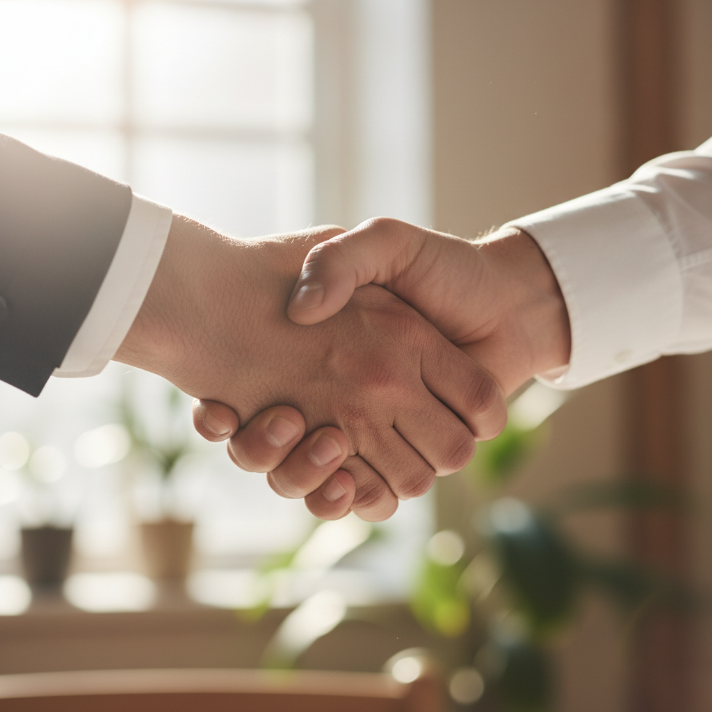 Professional business partnership meeting in corporate setting, handshake, formal attire