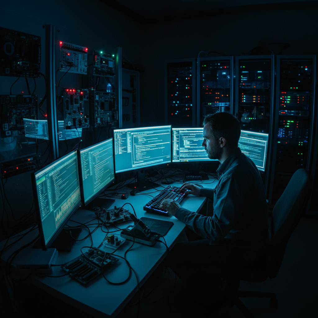 Person at workstation in low-light technical environment