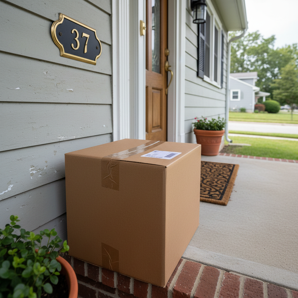 Delivery person holding cardboard package with shipping label at customer doorstep