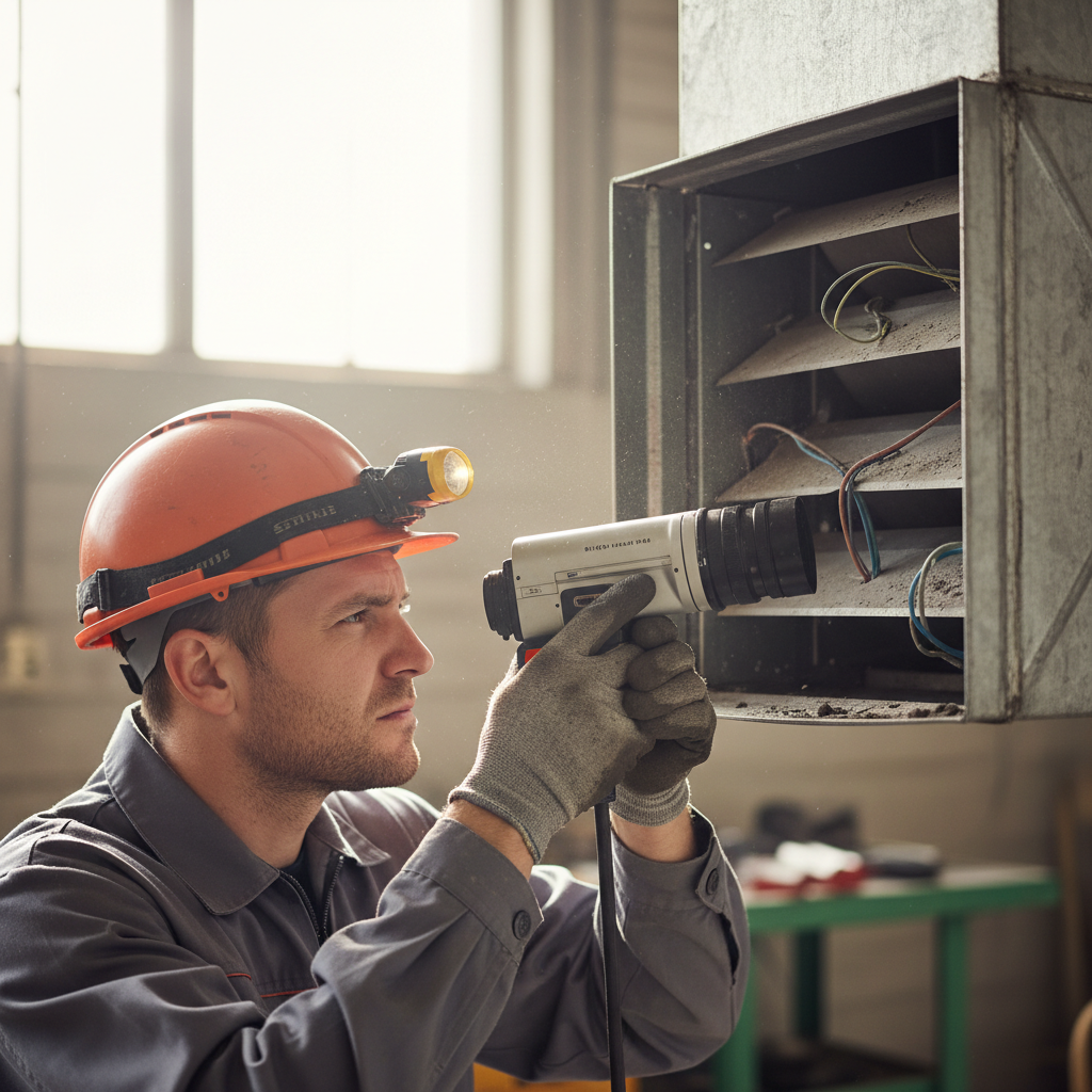 HVAC technician in protective gear performing professional air duct inspection in commercial building, bright industrial setting