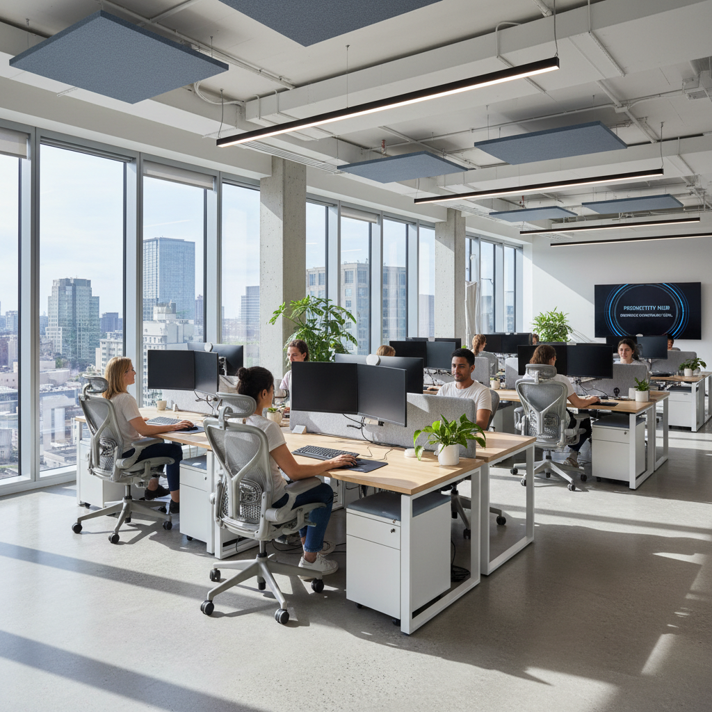 Well-organized modern office with employees at properly adjusted workstations after ergonomic assessment