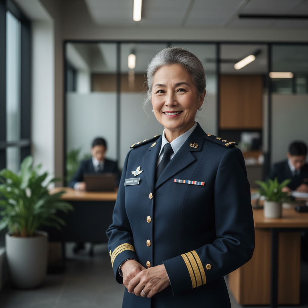 Female military officer with confident professional expression, light background, natural daylight