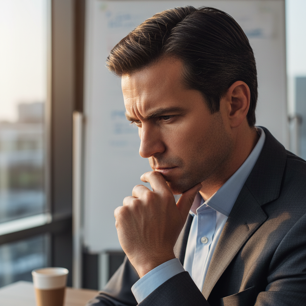 Man with thoughtful expression in casual professional setting