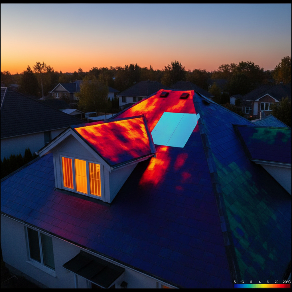Thermal imaging of residential roof at dusk showing heat loss patterns indicating missing insulation and cold spots