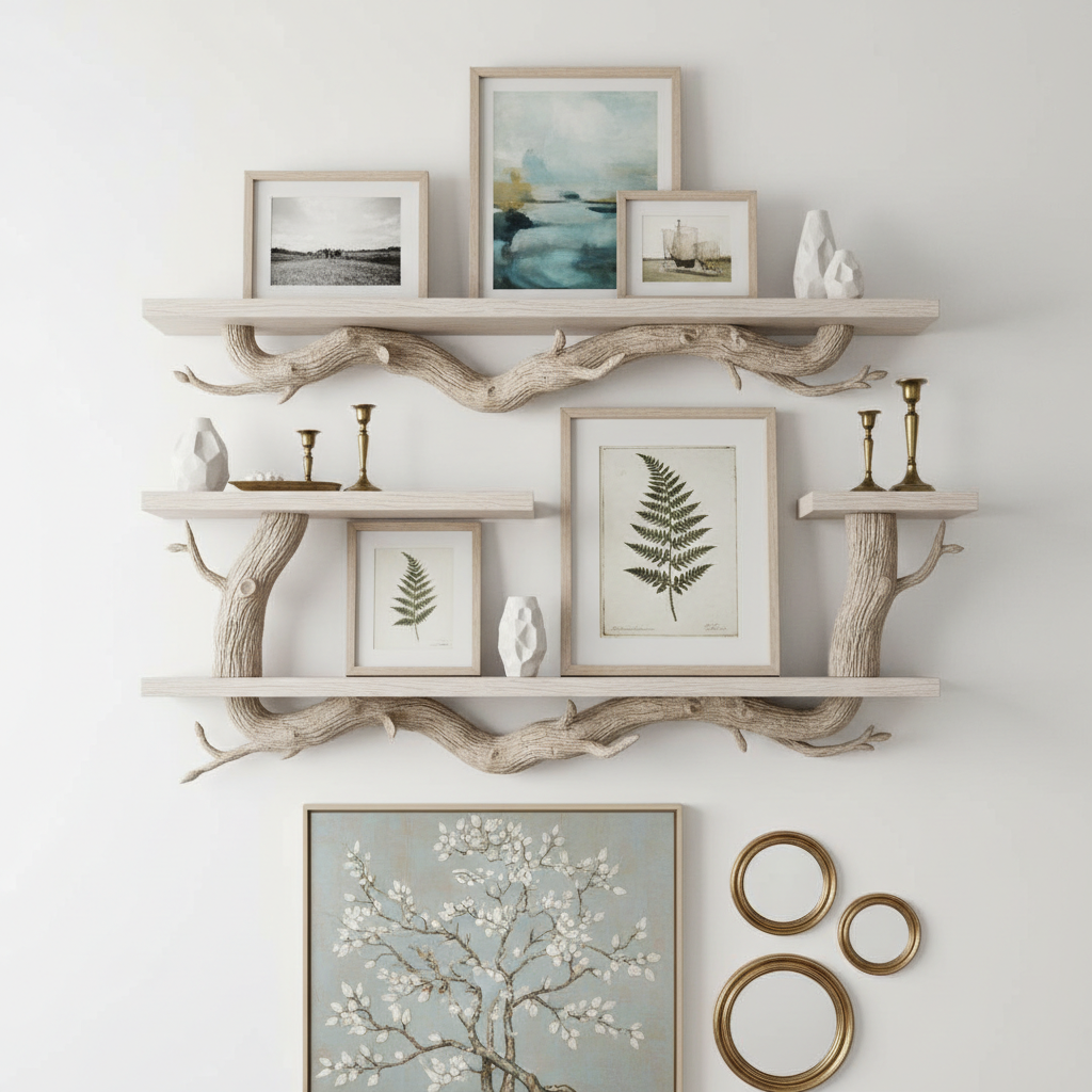Collection of white oak floating shelves at different heights, kitchen or living room
