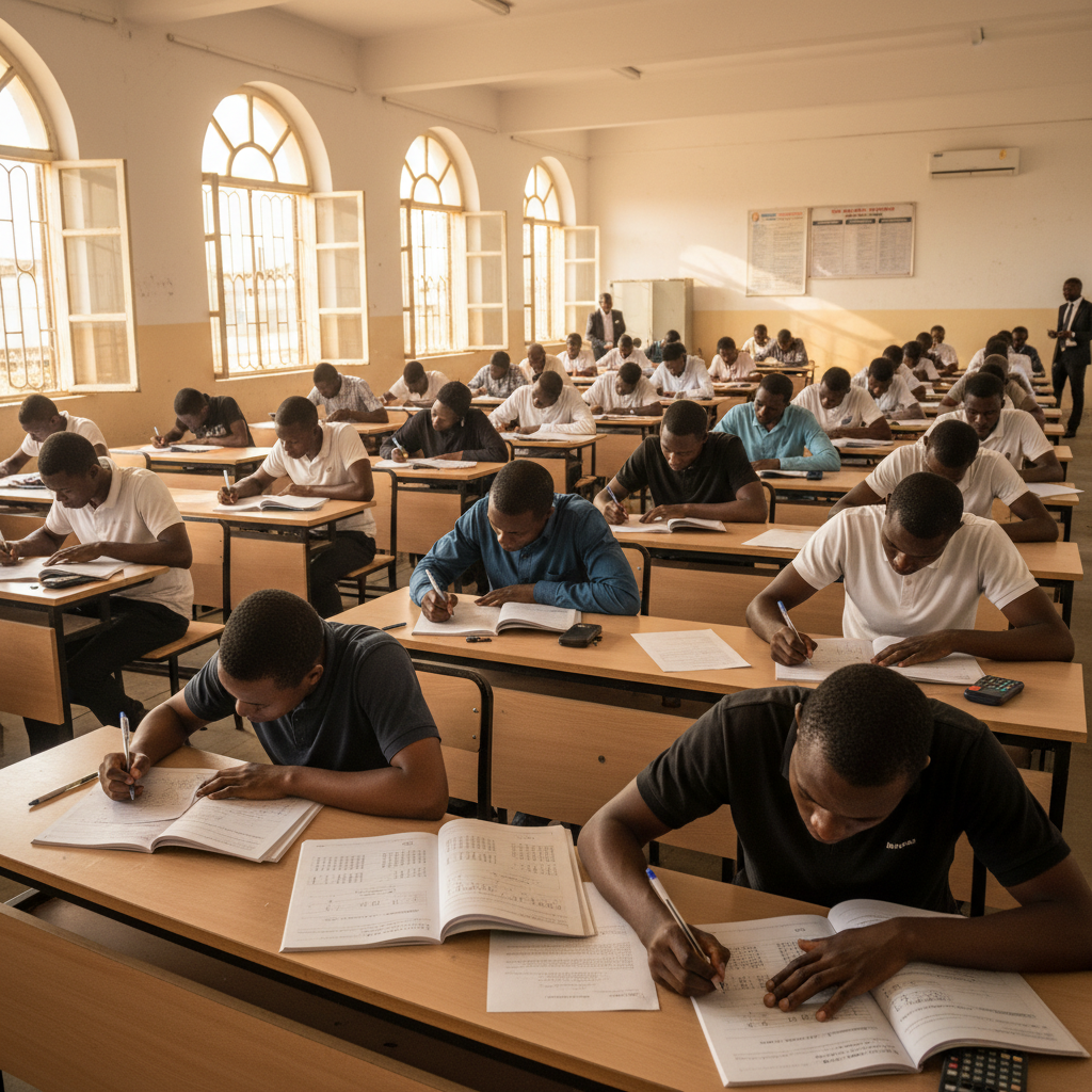 Students at desks writing examination, bright classroom, natural light through windows